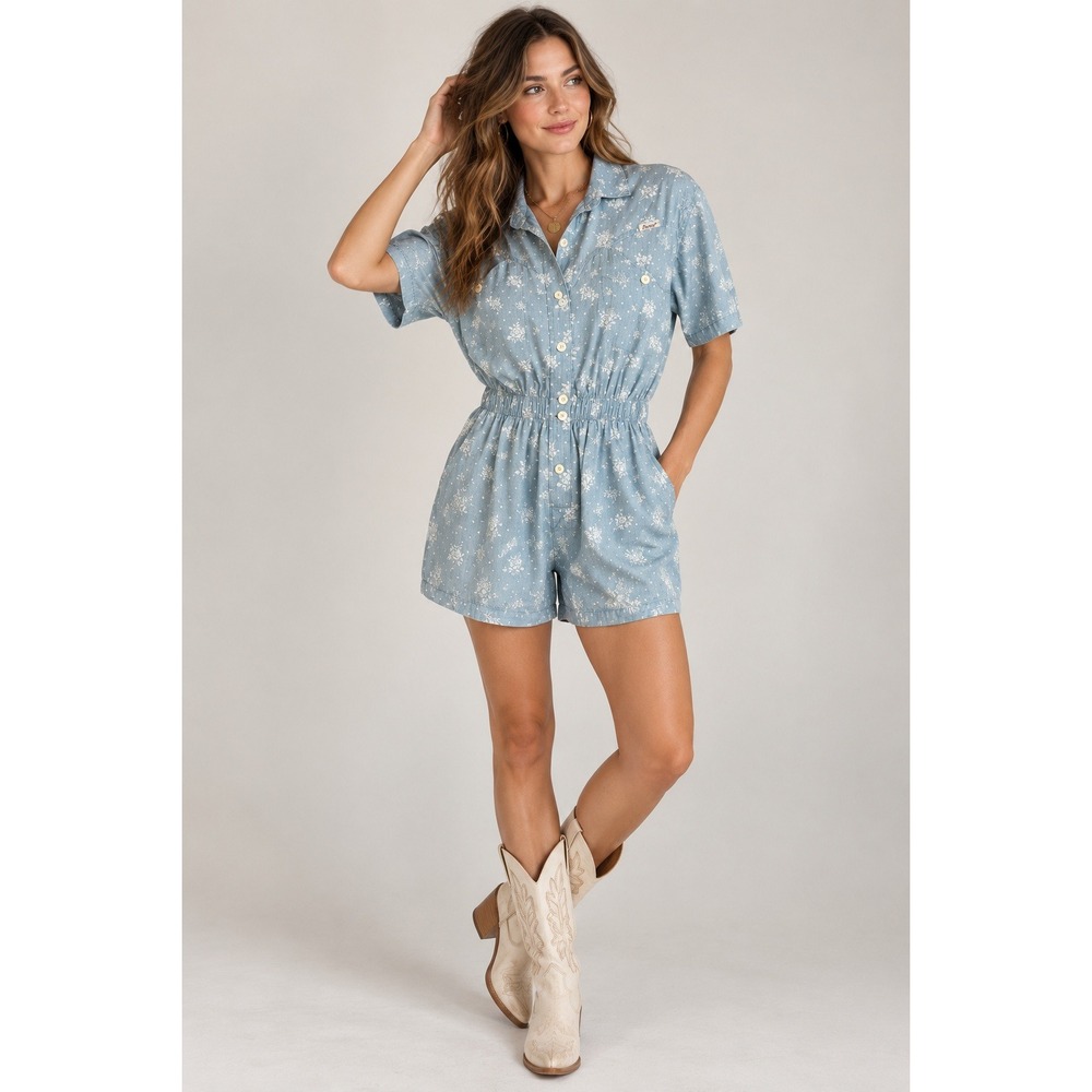 90s Western Cottagecore Chambray Floral Romper Petite L Pockets